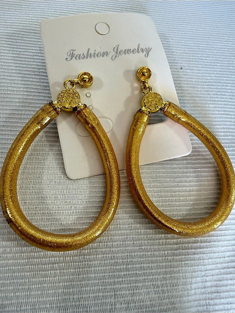 Gold Tone Teardrop Hoop Dangle Earrings, Butterfly Back, 2 in, No Stone